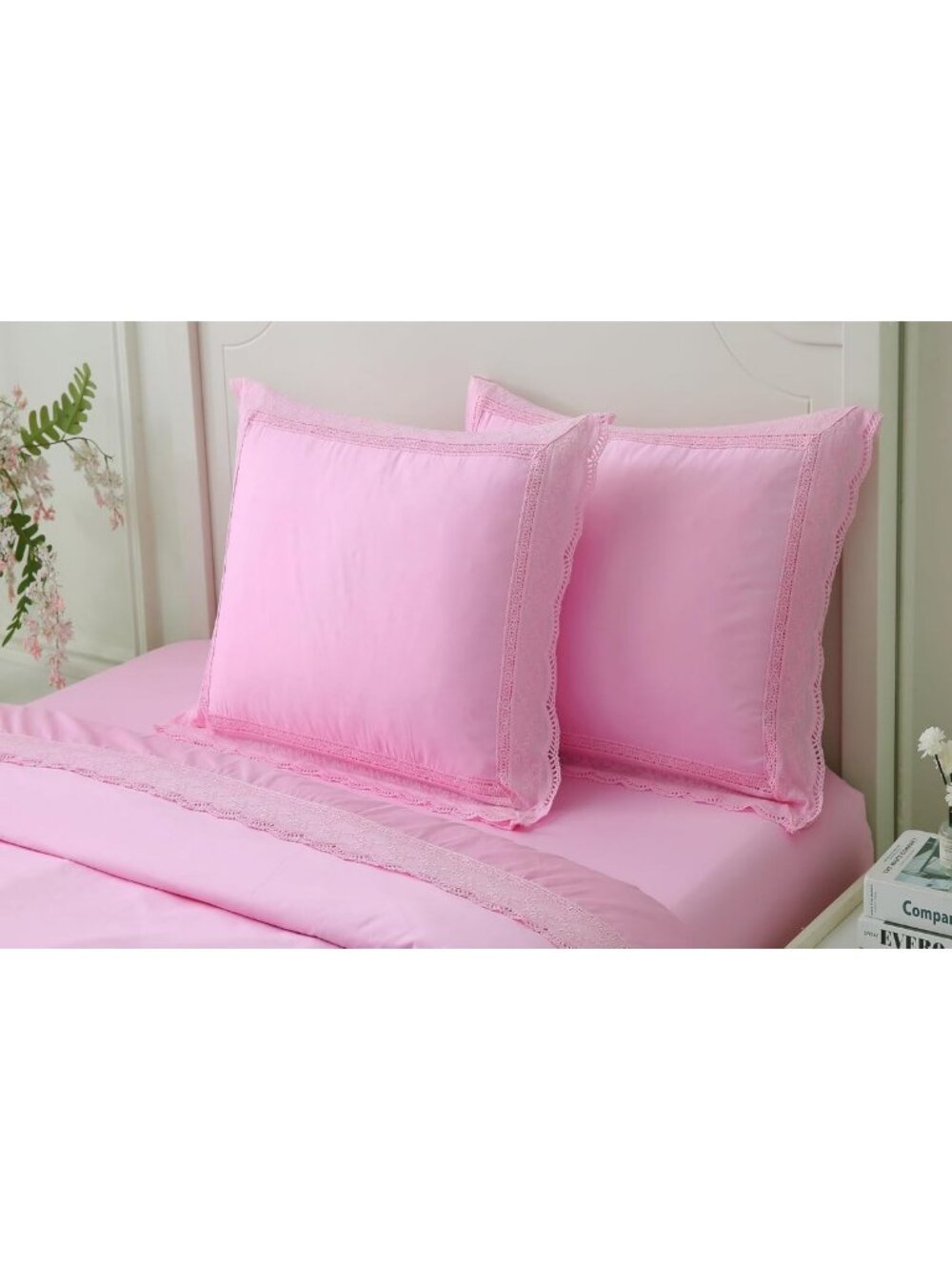 Set of 2 Pink Lace Euro Pillow Shams - 100% Cotton Eyelet Decorative Covers